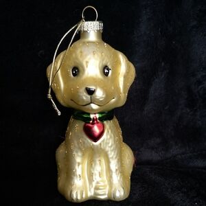 Adorable Golden Retriever or Lab Dog Ornament with Red Heart Glass